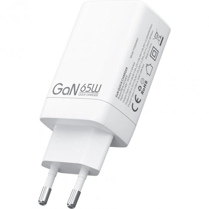 Realpower 65W GaN USB-C ve USB-A Çift Çıkışlı PD Hızlı Şarj Adaptörü Şarj Aleti Beyaz TC65WWH