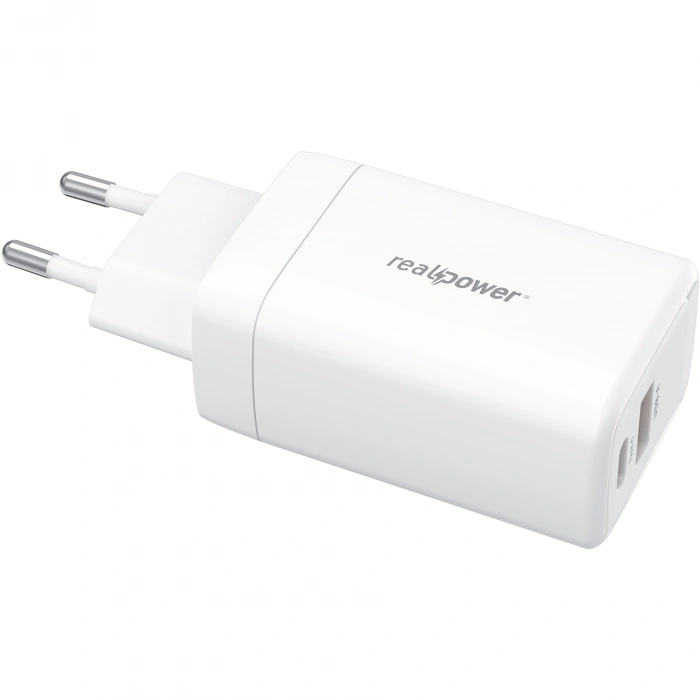 Realpower 65W GaN USB-C ve USB-A Çift Çıkışlı PD Hızlı Şarj Adaptörü Şarj Aleti Beyaz TC65WWH