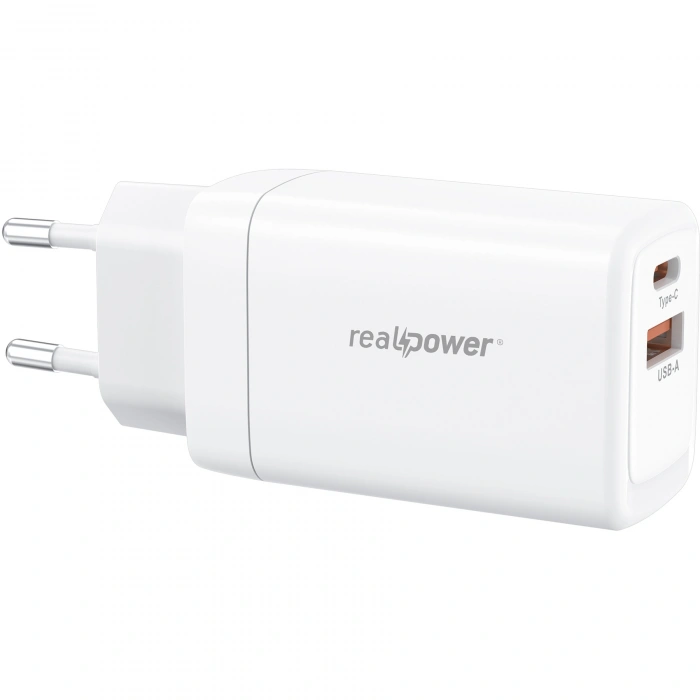 Realpower 65W GaN USB-C ve USB-A Çift Çıkışlı PD Hızlı Şarj Adaptörü Şarj Aleti Beyaz TC65WWH
