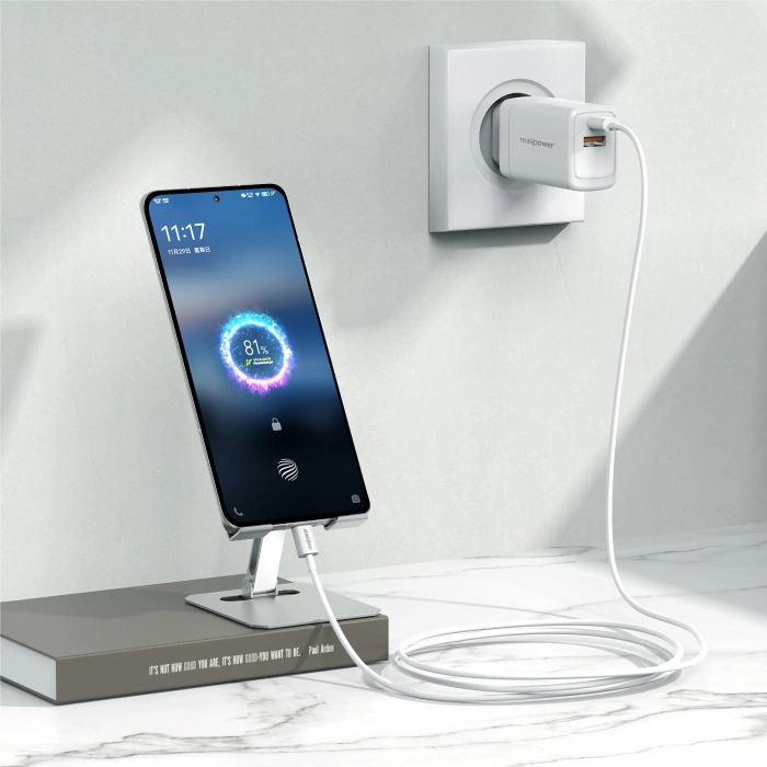 Realpower 65W GaN USB-C ve USB-A Çift Çıkışlı PD Hızlı Şarj Adaptörü Şarj Aleti Beyaz TC65WWH