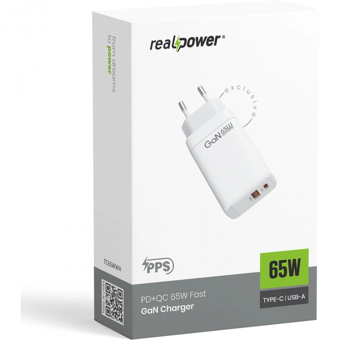 Realpower 65W GaN USB-C ve USB-A Çift Çıkışlı PD Hızlı Şarj Adaptörü Şarj Aleti Beyaz TC65WWH