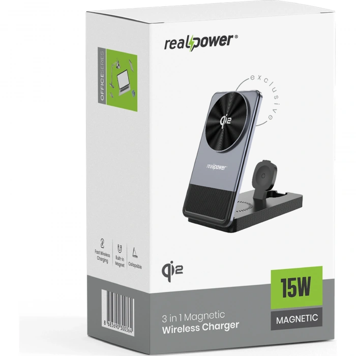 Realpower 3ü 1 Arada MagSafe Manyetik Kablosuz Hızlı Şarj Cihazı 15W Qi2 WS-15WQI2BK