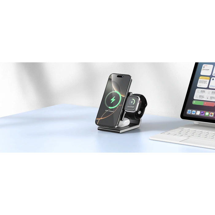 Realpower 3ü 1 Arada MagSafe Manyetik Kablosuz Hızlı Şarj Cihazı 15W Qi2 WS-15WQI2BK2