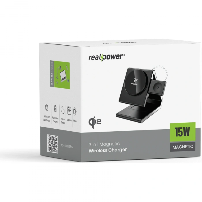 Realpower 3ü 1 Arada MagSafe Manyetik Kablosuz Hızlı Şarj Cihazı 15W Qi2 WS-15WQI2BK2