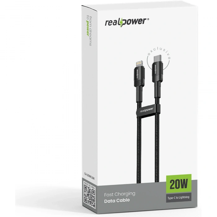 Realpower 20W USB-C to Lightning Örgülü Hızlı Şarj ve Data Kablosu 1 Metre Siyah CA-20WCLBK