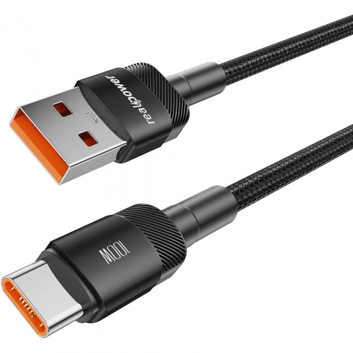 Realpower 100W USB-A to Type-C Örgülü Hızlı Şarj ve Data Kablosu 1 Metre Siyah CA-6AUCBK