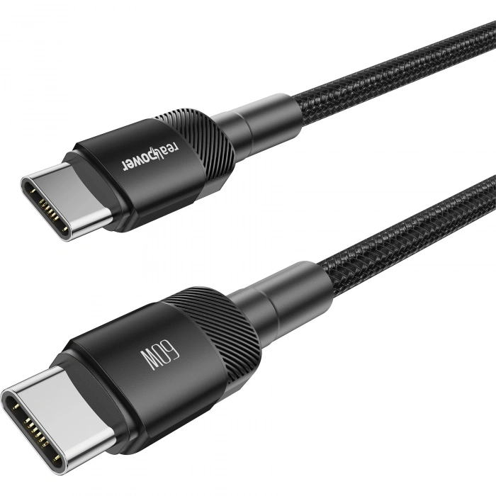 Realpower 60W USB-C to USB-C Örgülü Hızlı Şarj ve Data Kablosu 1 Metre Siyah CA-60WCCBK