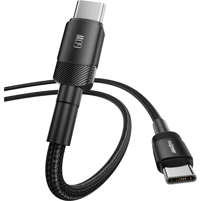 Realpower 60W USB-C to USB-C Örgülü Hızlı Şarj ve Data Kablosu 1 Metre Siyah CA-60WCCBK