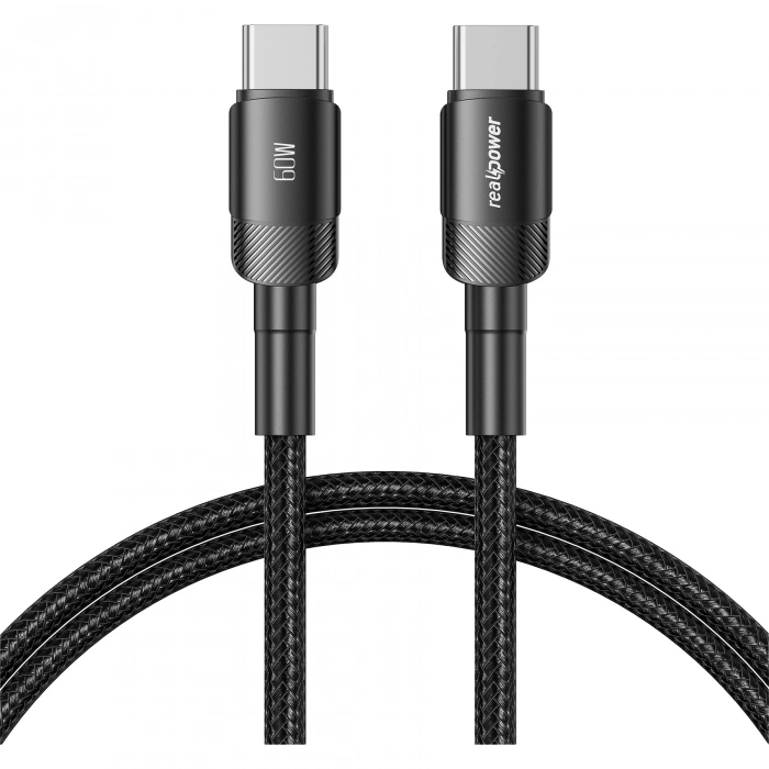 Realpower 60W USB-C to USB-C Örgülü Hızlı Şarj ve Data Kablosu 1 Metre Siyah CA-60WCCBK