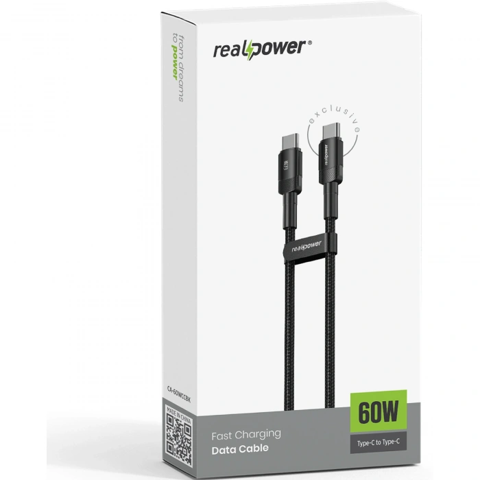 Realpower 60W USB-C to USB-C Örgülü Hızlı Şarj ve Data Kablosu 1 Metre Siyah CA-60WCCBK
