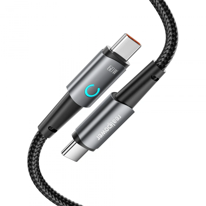 Realpower 60W USB-C to USB-C Örgülü Hızlı Şarj ve Data Kablosu 1 Metre Gri CA-60WCCGR