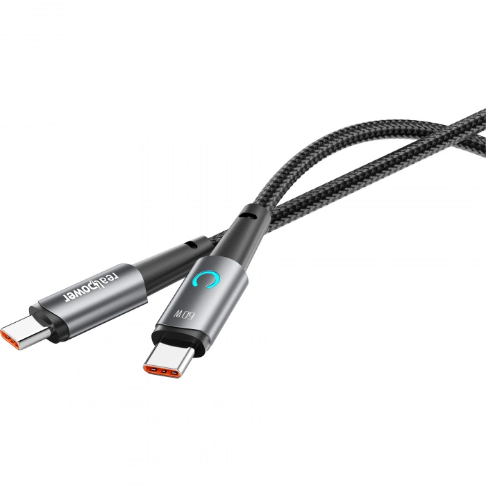 Realpower 60W USB-C to USB-C Örgülü Hızlı Şarj ve Data Kablosu 1 Metre Gri CA-60WCCGR