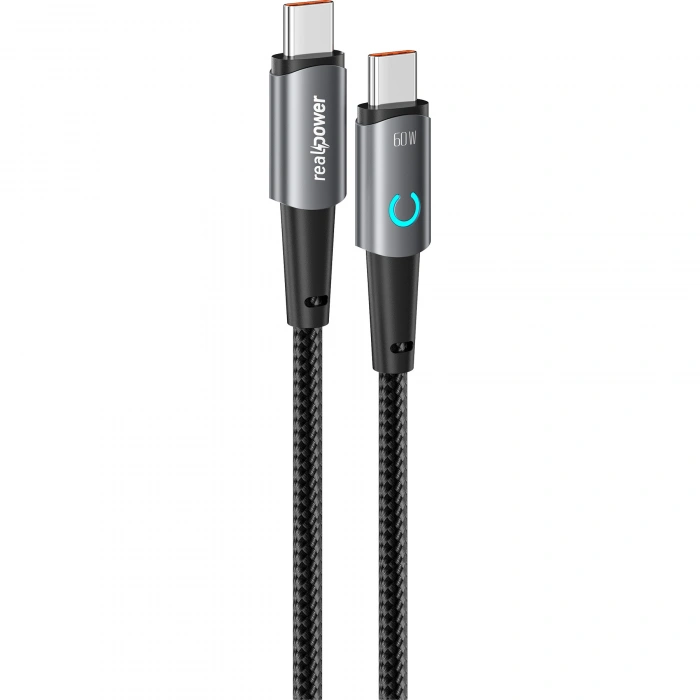 Realpower 60W USB-C to USB-C Örgülü Hızlı Şarj ve Data Kablosu 1 Metre Gri CA-60WCCGR