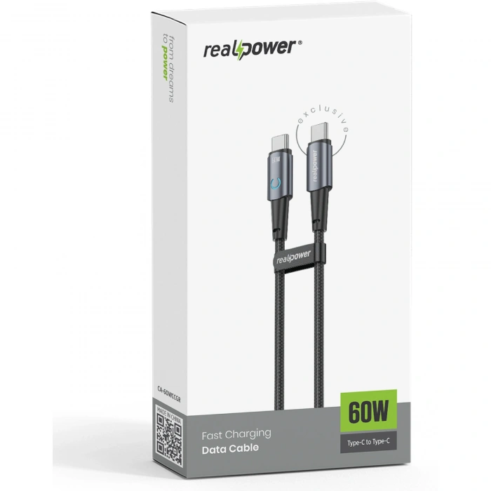 Realpower 60W USB-C to USB-C Örgülü Hızlı Şarj ve Data Kablosu 1 Metre Gri CA-60WCCGR