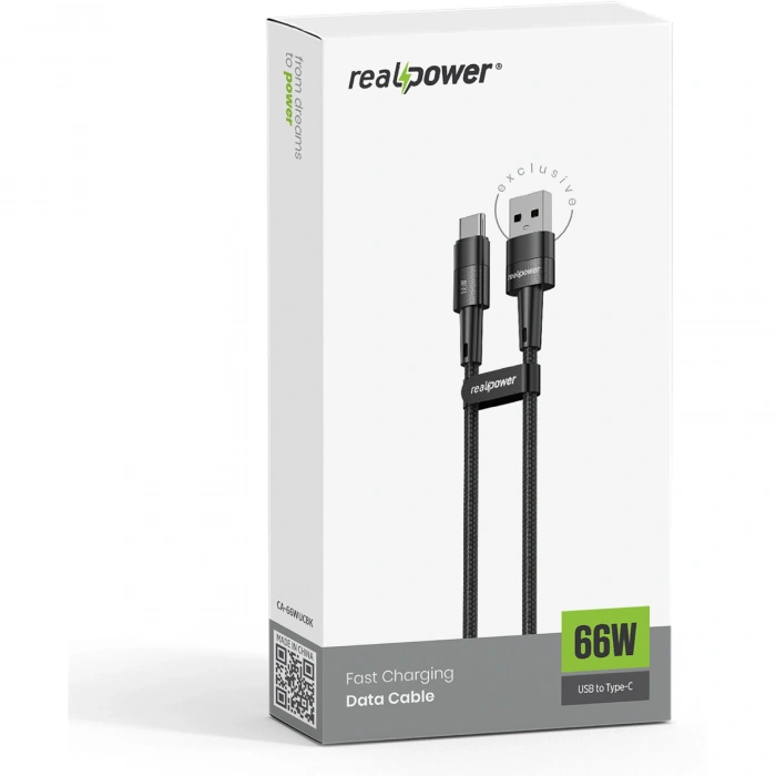 Realpower 66W USB-A to Type-C Örgülü Hızlı Şarj ve Data Kablosu 1 Metre Siyah CA-66WUCBK