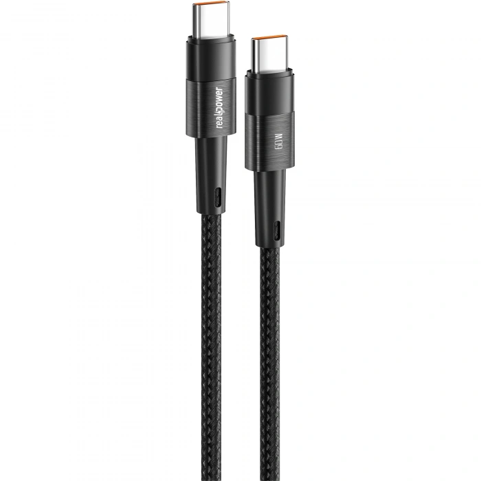 Realpower 60W USB-C to USB-C Örgülü Hızlı Şarj ve Data Kablosu 1 Metre Siyah CA-60WCCBK2