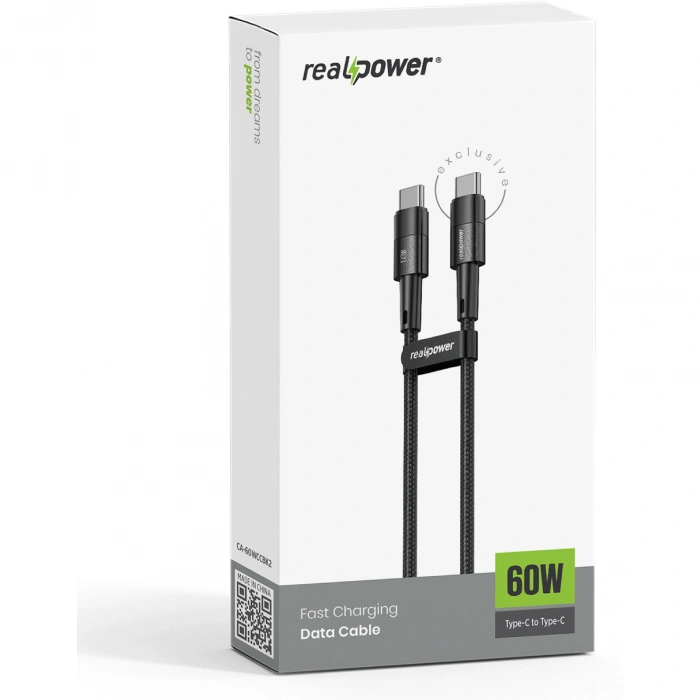 Realpower 60W USB-C to USB-C Örgülü Hızlı Şarj ve Data Kablosu 1 Metre Siyah CA-60WCCBK2
