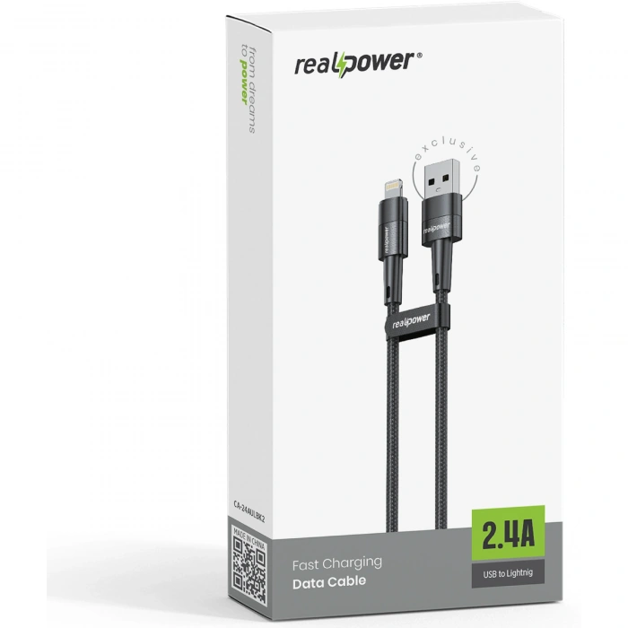 Realpower 2.4A USB-A to Lightning Örgülü Hızlı Şarj ve Data Kablosu 1 Metre Siyah CA-24AULBK2