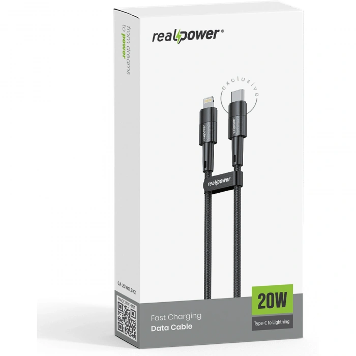 Realpower 20W USB-C to Lightning Örgülü Hızlı Şarj ve Data Kablosu 1 Metre Siyah CA-20WCLBK2