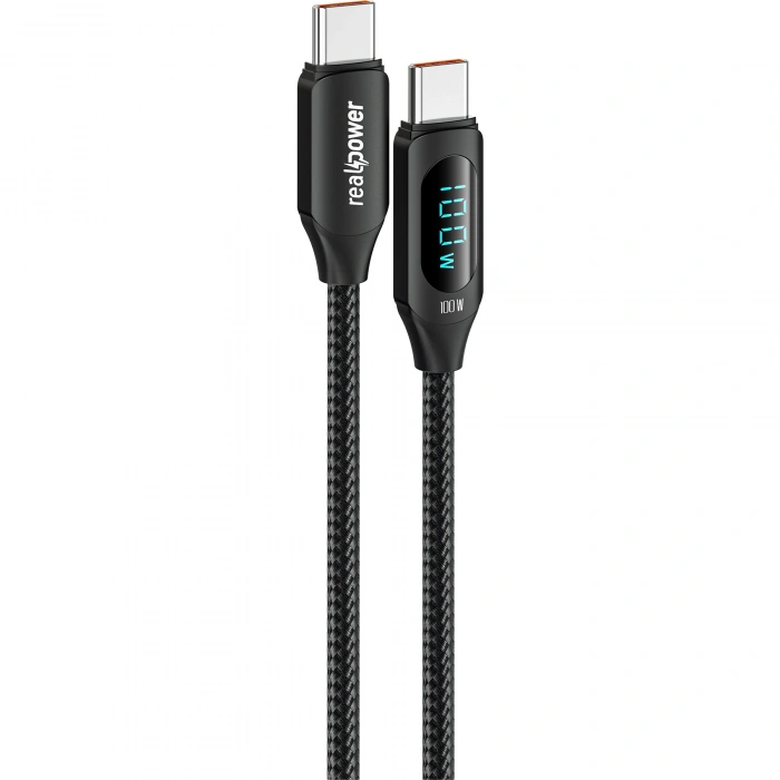 Realpower 100W USB-C to USB-C Dijital Göstergeli Örgülü Hızlı Şarj ve Data Kablosu 1 Metre Siyah CA-100WCCBK