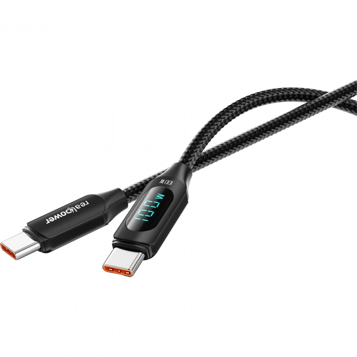 Realpower 100W USB-C to USB-C Dijital Göstergeli Örgülü Hızlı Şarj ve Data Kablosu 1 Metre Siyah CA-100WCCBK