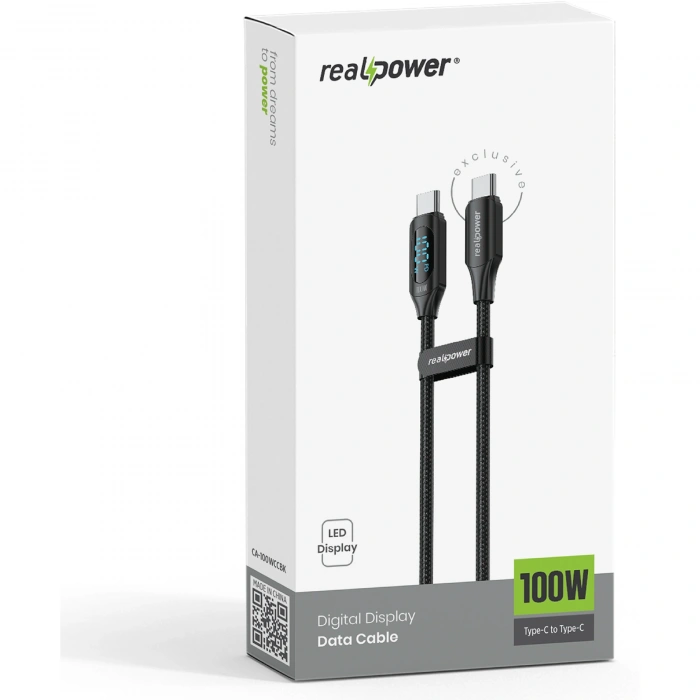 Realpower 100W USB-C to USB-C Dijital Göstergeli Örgülü Hızlı Şarj ve Data Kablosu 1 Metre Siyah CA-100WCCBK