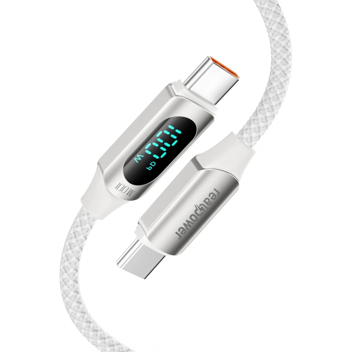 Realpower 100W USB-C to USB-C Dijital Göstergeli Örgülü Hızlı Şarj ve Data Kablosu 1 Metre Beyaz CA-100WCCWH