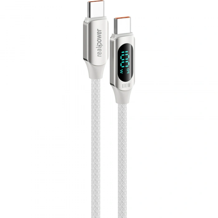 Realpower 100W USB-C to USB-C Dijital Göstergeli Örgülü Hızlı Şarj ve Data Kablosu 1 Metre Beyaz CA-100WCCWH
