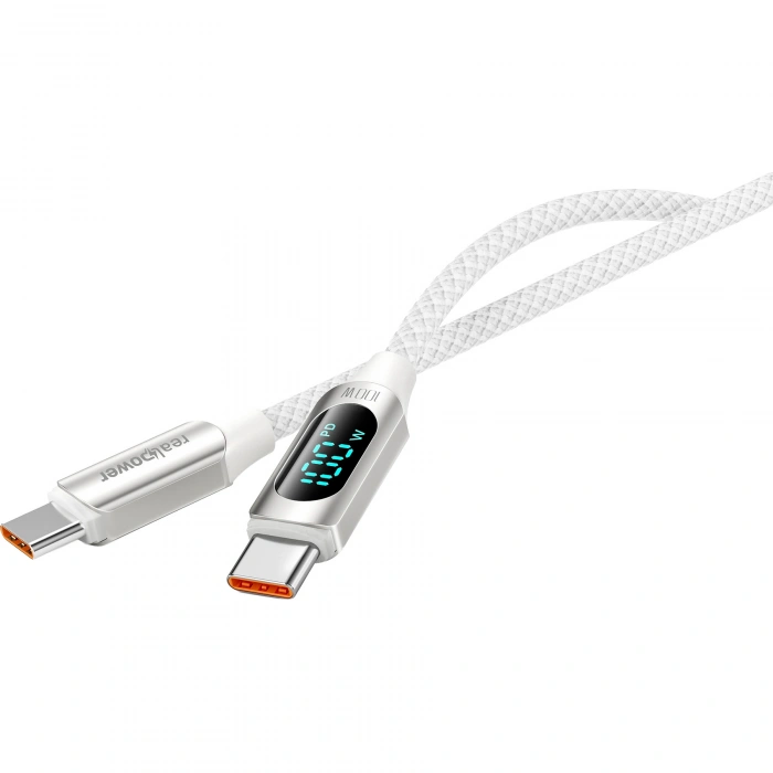 Realpower 100W USB-C to USB-C Dijital Göstergeli Örgülü Hızlı Şarj ve Data Kablosu 1 Metre Beyaz CA-100WCCWH