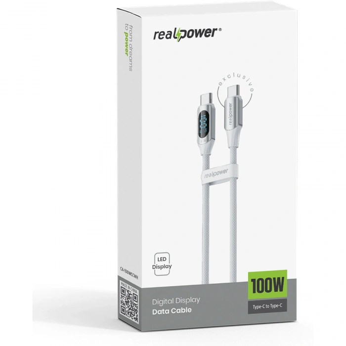 Realpower 100W USB-C to USB-C Dijital Göstergeli Örgülü Hızlı Şarj ve Data Kablosu 1 Metre Beyaz CA-100WCCWH