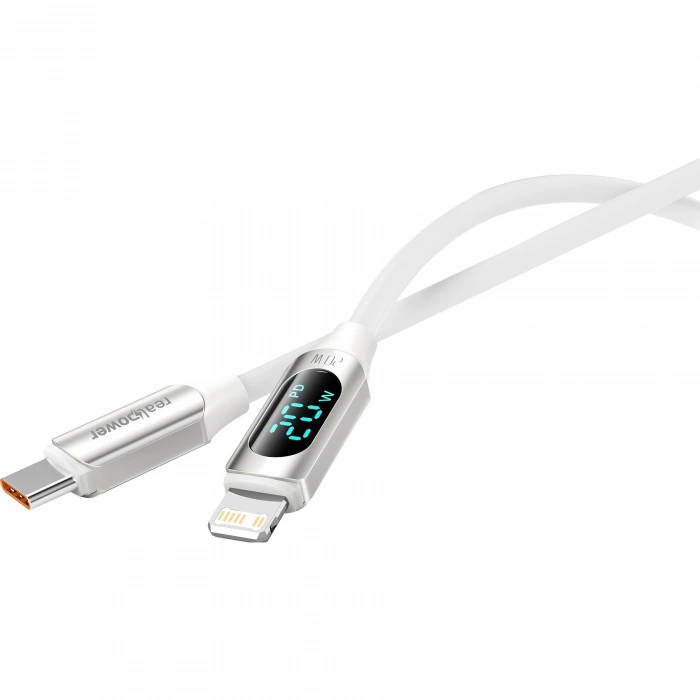 Realpower 20W USB-C to Lightning Dijital Göstergeli Örgülü Hızlı Şarj ve Data Kablosu 1 Metre Beyaz CA-20WCLWH