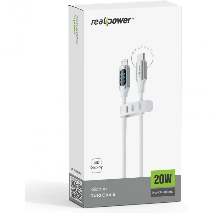 Realpower 20W USB-C to Lightning Dijital Göstergeli Örgülü Hızlı Şarj ve Data Kablosu 1 Metre Beyaz CA-20WCLWH