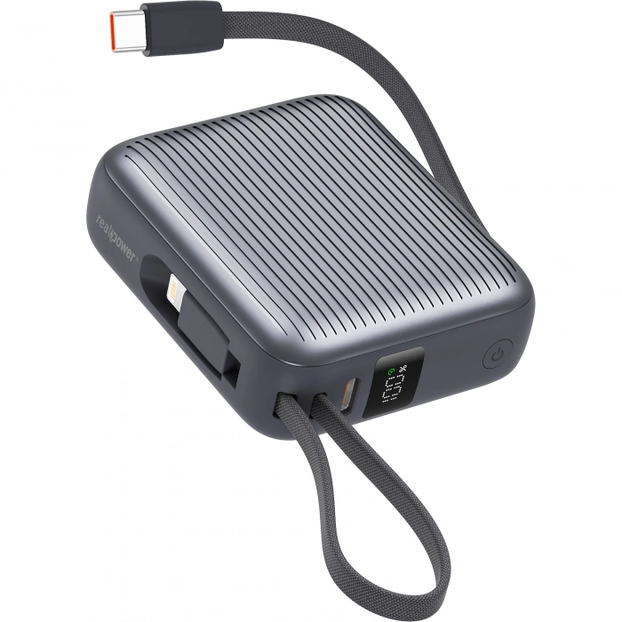 Realpower 10000mAh 22.5W Hızlı Şarj Powerbank Gri Dahili Kablolu Taşınabilir Şarj Cihazı LED Göstergeli PB10KGR