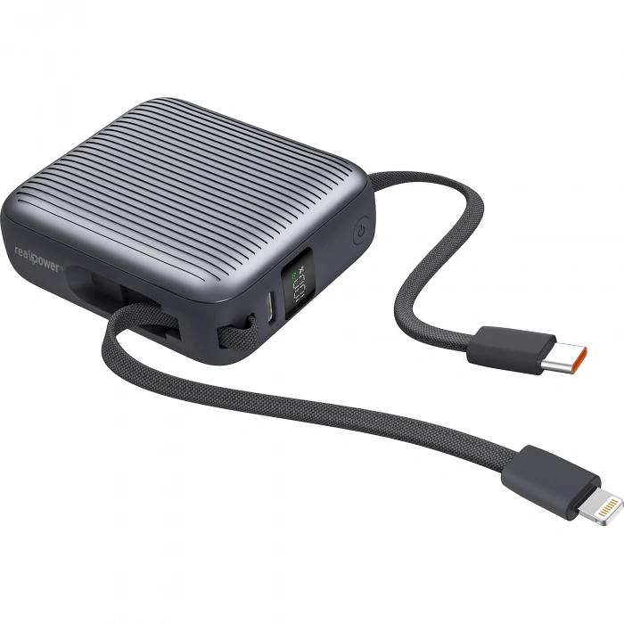 Realpower 10000mAh 22.5W Hızlı Şarj Powerbank Gri Dahili Kablolu Taşınabilir Şarj Cihazı LED Göstergeli PB10KGR