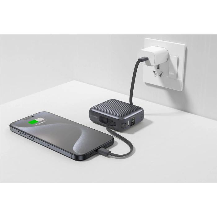 Realpower 10000mAh 22.5W Hızlı Şarj Powerbank Gri Dahili Kablolu Taşınabilir Şarj Cihazı LED Göstergeli PB10KGR