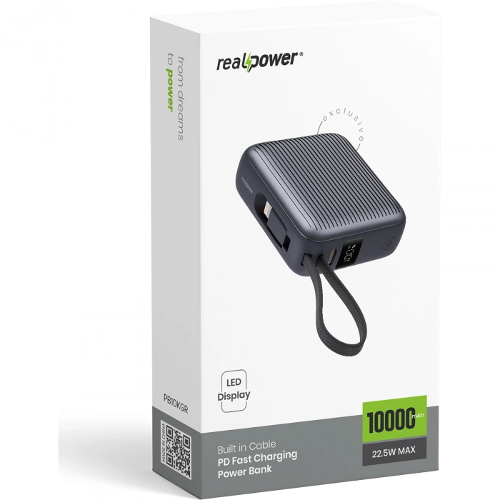 Realpower 10000mAh 22.5W Hızlı Şarj Powerbank Gri Dahili Kablolu Taşınabilir Şarj Cihazı LED Göstergeli PB10KGR