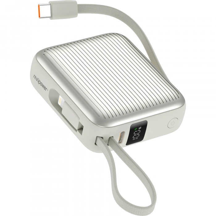 Realpower 10000mAh 22.5W Hızlı Şarj Powerbank Silver Dahili Kablolu Taşınabilir Şarj Cihazı LED Göstergeli PB10KSL