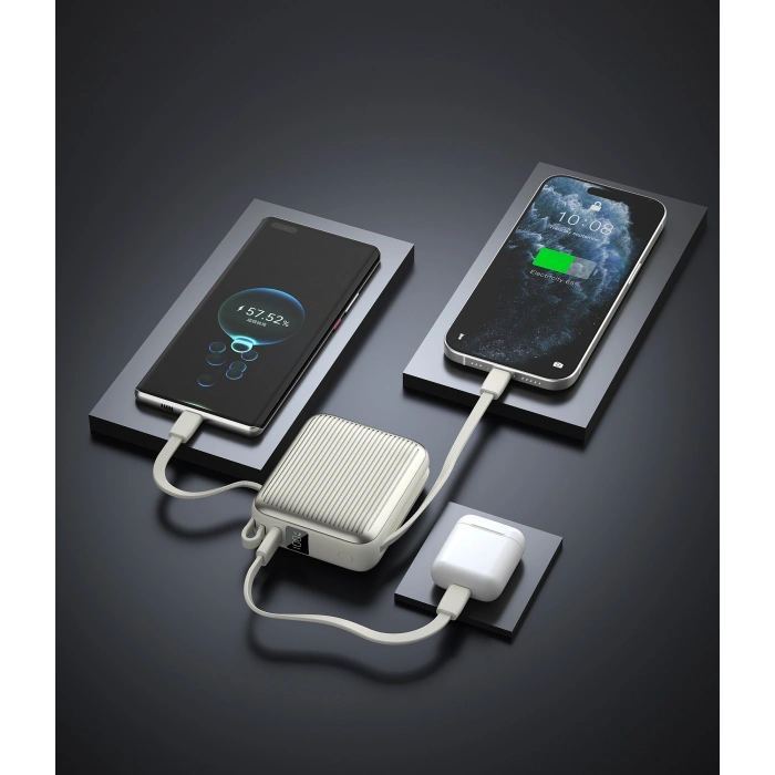 Realpower 10000mAh 22.5W Hızlı Şarj Powerbank Silver Dahili Kablolu Taşınabilir Şarj Cihazı LED Göstergeli PB10KSL