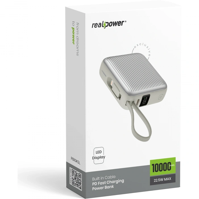 Realpower 10000mAh 22.5W Hızlı Şarj Powerbank Silver Dahili Kablolu Taşınabilir Şarj Cihazı LED Göstergeli PB10KSL
