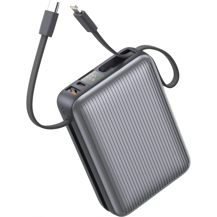 Realpower 20000mAh 22.5W Hızlı Şarj Powerbank Gri Dahili Kablolu Taşınabilir Şarj Cihazı LED Göstergeli PB20KGR