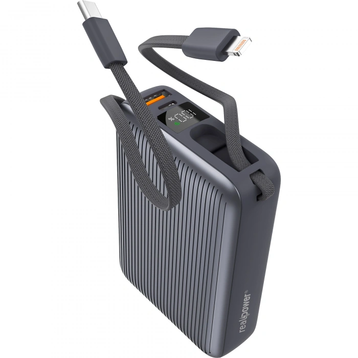 Realpower 20000mAh 22.5W Hızlı Şarj Powerbank Gri Dahili Kablolu Taşınabilir Şarj Cihazı LED Göstergeli PB20KGR