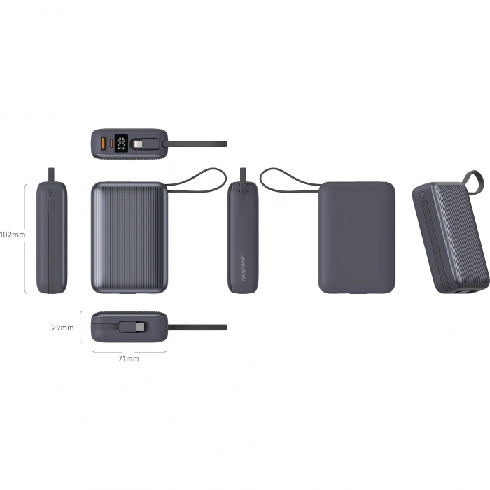 Realpower 20000mAh 22.5W Hızlı Şarj Powerbank Gri Dahili Kablolu Taşınabilir Şarj Cihazı LED Göstergeli PB20KGR