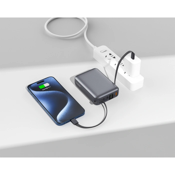 Realpower 20000mAh 22.5W Hızlı Şarj Powerbank Gri Dahili Kablolu Taşınabilir Şarj Cihazı LED Göstergeli PB20KGR