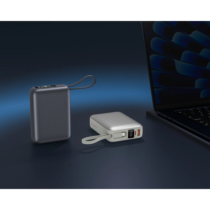 Realpower 20000mAh 22.5W Hızlı Şarj Powerbank Gri Dahili Kablolu Taşınabilir Şarj Cihazı LED Göstergeli PB20KGR