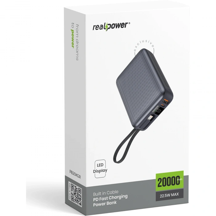 Realpower 20000mAh 22.5W Hızlı Şarj Powerbank Gri Dahili Kablolu Taşınabilir Şarj Cihazı LED Göstergeli PB20KGR