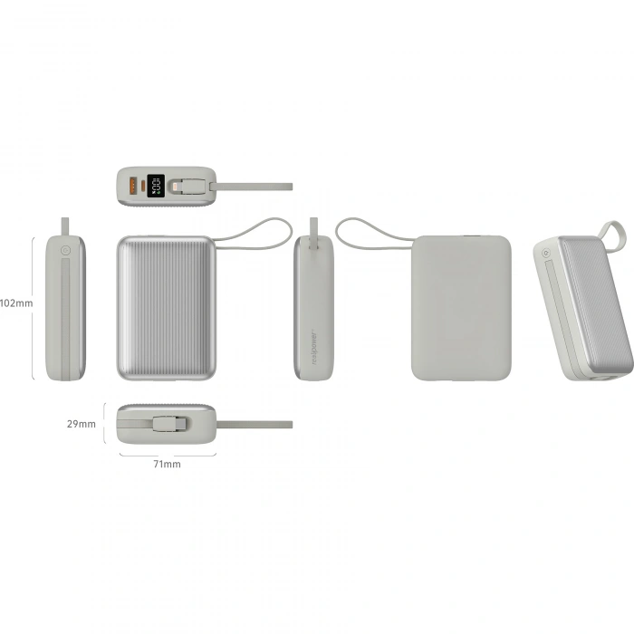 Realpower 20000mAh 22.5W Hızlı Şarj Powerbank Silver Dahili Kablolu Taşınabilir Şarj Cihazı LED Göstergeli PB20KSL