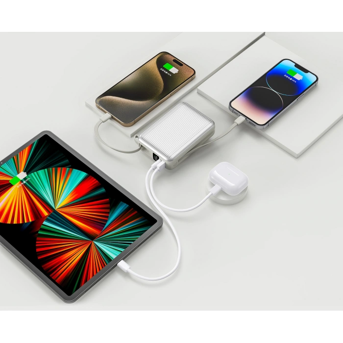 Realpower 20000mAh 22.5W Hızlı Şarj Powerbank Silver Dahili Kablolu Taşınabilir Şarj Cihazı LED Göstergeli PB20KSL