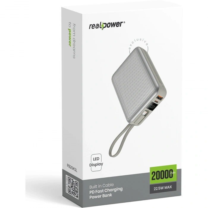 Realpower 20000mAh 22.5W Hızlı Şarj Powerbank Silver Dahili Kablolu Taşınabilir Şarj Cihazı LED Göstergeli PB20KSL