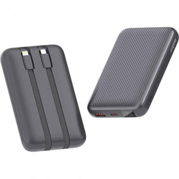 Realpower 10000mAh 22.5W Hızlı Şarj Powerbank Gri Dahili Kablolu Taşınabilir Şarj Cihazı LED Göstergeli PB10KGR2