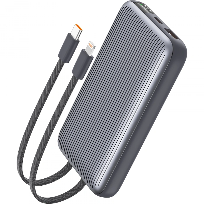 Realpower 10000mAh 22.5W Hızlı Şarj Powerbank Gri Dahili Kablolu Taşınabilir Şarj Cihazı LED Göstergeli PB10KGR2